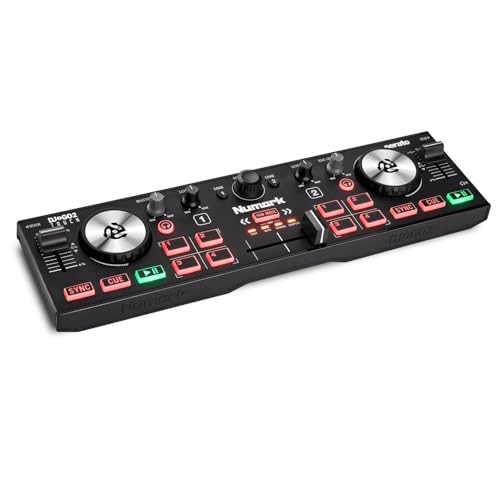 Numark DJ2GO2 Touch – Mini DJ Controller für unterwegs - 2-Deck USB DJ Pult mit Audio Interface und kapazitativen Jogwheels, 4 Pad Modi; Software enthalten