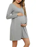 Bresdk Nachthemd Damen Langarm Knöpfe Stillkleid Nachtwäsche Umstandsmode Stillnachthemd Umstandskleidung, Grau, M