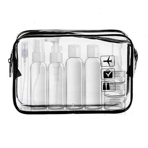 LECUNE Transparenter Kulturbeutel mit Reiseflaschenset, 13 Stück Reisen Flaschen Set(100ml) und 1 Stück Plastikbeutel für Flüssigkeiten zugelassen (20x20cm),Flughafen-konforme Tasche,Reisezubehör