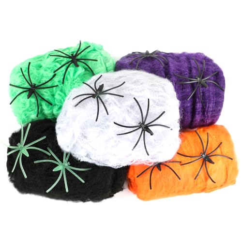 JOFONY Halloween Spinnennetz Dekorationen,Spiderweb Spinne Deko,100G Dehnbare Baumwolle 10 Künstlichen Spinnen,Spinnenbaumwolle Deko Halloween Deko Kit für Karneval,Party,Tisch,Garten