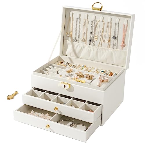 WAREHOUSE Schmuckaufbewahrung, 3-Lagige Abnehmbare Schmuckkästchen, zur Aufbewahrung von Schmuck, Ringen, Ohrringen, Armbändern und Halsketten, Wasserdichte Leder Schmuckkasten (Weiß)