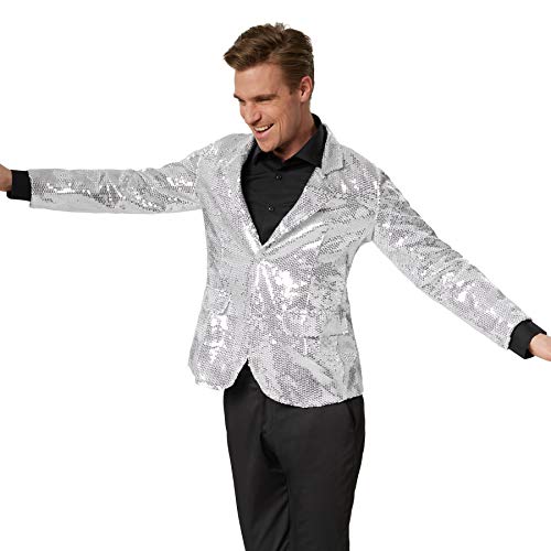 dressforfun Glitzer Pailletten Blazer, Sakko, Kostüm Herren, Faschingskostüme Männer, Karneval, Kostüme für Erwachsene, 80er Jahre Outfit, Discokugel, Gruppenkostüm Erwachsene - Silber, L
