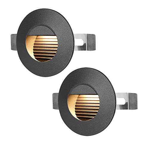 HLFVLITE 2er Led Treppenbeleuchtung rund Treppenlicht Wand Einbauleuchte, Stufenlicht 3000K Warmweiß Flurlampe inkl. 2Stk. 1W Treppenstrahler, Mattschwarz
