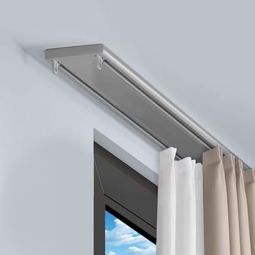 Doppelte Vorhangstangen-Deckenbefestigung, Schwerlast-Aluminium-Spurenset für Vorhänge mit leiser Gleitfunktion, flexibles, biegbares Vorhangschienensystem für Wohnzimmer (Grau,2.7m(8.6ft ))