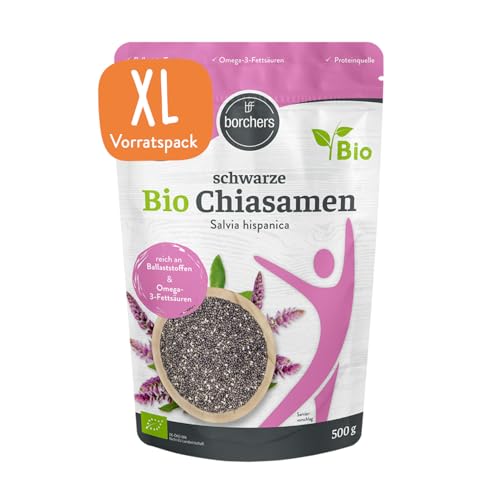 BORCHERS Chia Samen schwarz, 500g, Hohe Quellfähigkeit, ballaststoffreich, Proteinquelle, Omega-3-Fettsäuren, zuckerarm, vegan, Ideal zum Toppen, Backen und Kochen