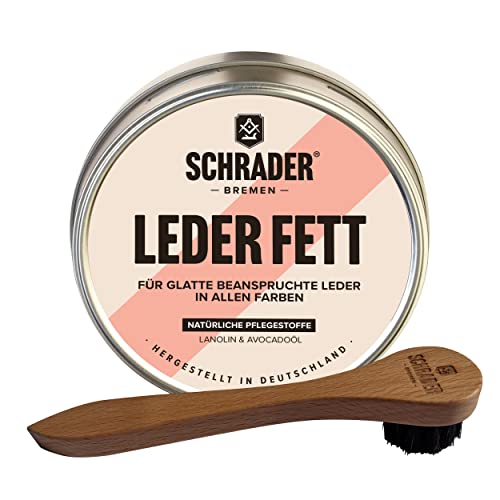 Schrader Lederfett farblos - Lederpflege für Glattleder, Schuhe, Motorradbekleidung - Imprägniermittel mit Tiegelbürste - 2-teilig - Made in Germany