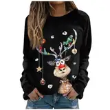 Damen Weihnachtsmann Pullover Christmas Weihnachtspullover Sweatshirt Ugly Elch Gedruckt Xmas Pulli Top T Shirts Langarm Blusen Festliche Oberteile Pullover