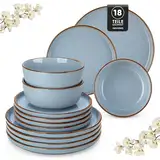 Steingut Geschirrset 6 Personen, vancasso LOIRE 18tlg Tafelservice 6 Personen Modern Blau, Beinhaltet Schüssel, Dessertteller und Speiseteller, Spülmaschinenfest