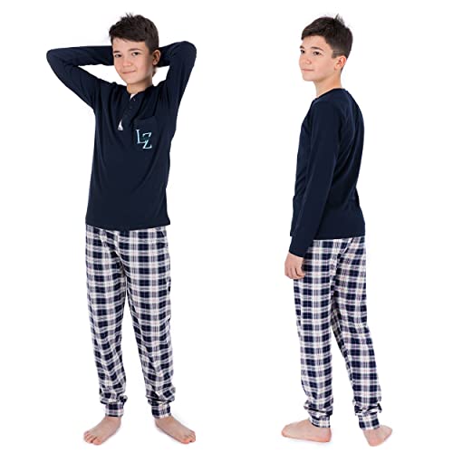 LOREZA ® Jungen Pyjama Baumwolle Set Zweiteiliger Schlafanzug (164-170 (14-15 Jahre), Blau)