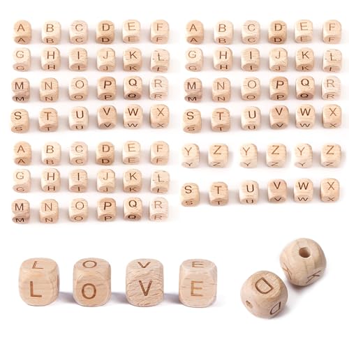 Buchstabenperlen Holz 78stk Holzperlen Buchstaben Würfel A-Z 12mm Holzbuchstaben Holz Buchstaben Perlen für DIY Armband Schmuck