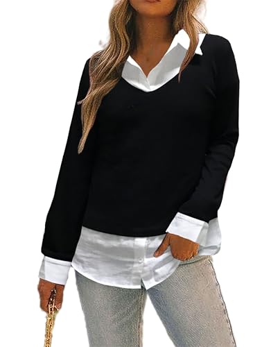 Oyamiki Schwarz Damen Pullover Longshirt Trachtenbluse Große Größen mit Weiß Hemdkragen Manschetten Hemdbluse Sweatshirt XXL