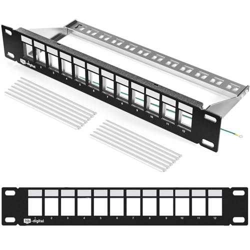 hb-digital 12 Port Patchpanel Verteilerfeld Patchfeld Modular für RJ45 Keystone Module 10 Zoll CAT 5 CAT 6 CAT 7 für Netzwerkschrank LAN Professional TIA568A TIA568B Switch Erdungskabel - Schwarz