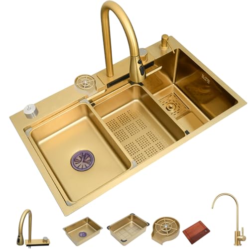 KOOGIMDDR Gold Edelstahl Küchenspüle Mit Wasserfall Wasserhahn Set 75×46cm Schwarzes Bauernhaus Waschbecken Workstation Spüle Mit Cup Washer Abnehmbares Becken Schneidebrett