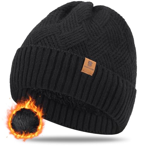 BARFULKER Beanie Mütze Damen Herren, Winter Warm Strickmütze Wintermützen Thermo Laufmützen Dehnbare Weiche Wollmütze mit Bündchen und Dickem Warmem Futter Geschenk Unisex,Schwarz