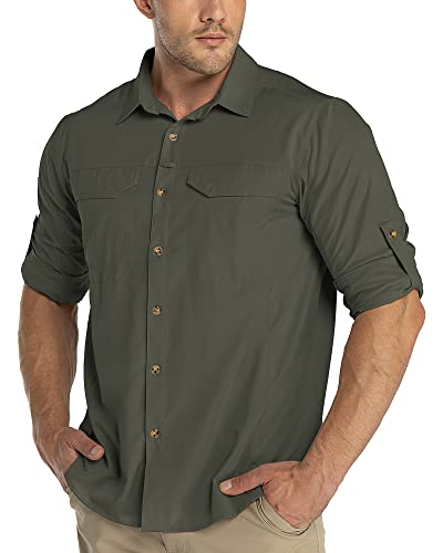 33,000ft Funktionshemd Herren UPF50+ UV-Schutz Langarm Hemd Atmungsaktiv Button-Down-Hemd Outdoor Sportliches Freizeithemd Angelhemd Für Männer Grün L