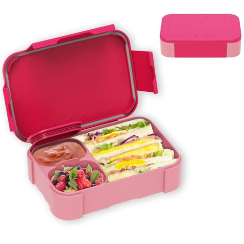 XJIANFU Brotdose Kinder mit Fächern,900ml Auslaufsichere Bento-Box, Kinder-Lunchbox,Auslaufsicher Fächern,Jausenbox Brotbox für,Mädchen & Jungen,Mikrowelle/spülmaschinenfest (Pink)