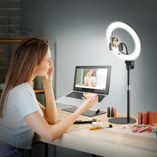 Ringlicht mit Stativ Handy Laptop Videokonferenz Licht,Evershop 10.5” Ring Light Ringleuchte LED 3 Lichtfarben+10 Helligkeiten 360°Drehbar Schreibtisch Streaming Beleuchtung Licht YouTube Tiktok