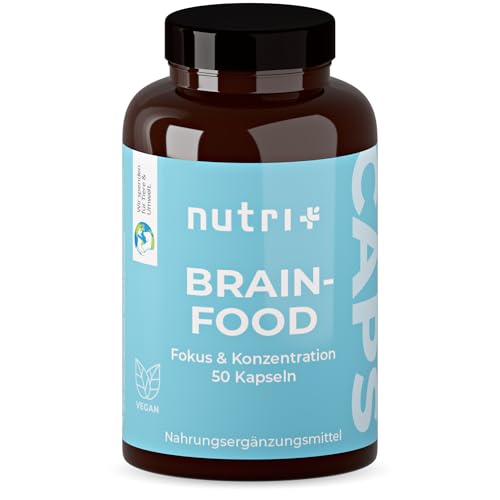Nutri + Konzentrations Tabletten - Brain Booster 50 Kapseln - Gehirn Fokus Leistung - Supplement mit Koffein, Cholin, Ginseng - Brainfood vegan