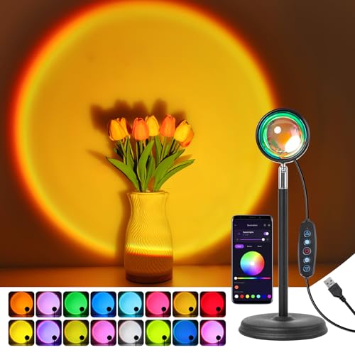 Kimimara Sunset Lamp, 21 Farben Sonnenuntergang Lampe, USB-Anschluss Sonnenlicht LED Projektor, Schaltertaste und APP-Steuerung, 180° Schwenkbares, Ideal für Fotos, Selfies, Party, und Wohnraumdeko