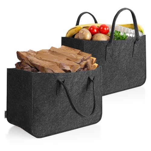 COM-FOUR® 2x Filz-Tasche xxl für den Einkauf, Zeitungen, Papier, Spielzeug, Picknick oder Strand, robust aus dickem Filz, perfekte Kaminholz-Tasche für Brennholz (02 Stück anthrazit 44x30cm)