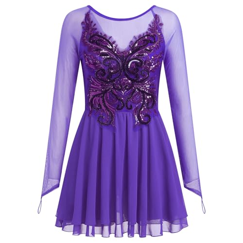 FYMNSI Damen Tanzkleid Eiskunstlauf Kleid Langarm K�rkleid Rollkunstlauf Wettbewerb Tanzanzug mit Pailletten Blumen Mesh Chiffon Rock Ballettkleid Gymnastik Leotard Turnanzug Tanzkost�m Lila L