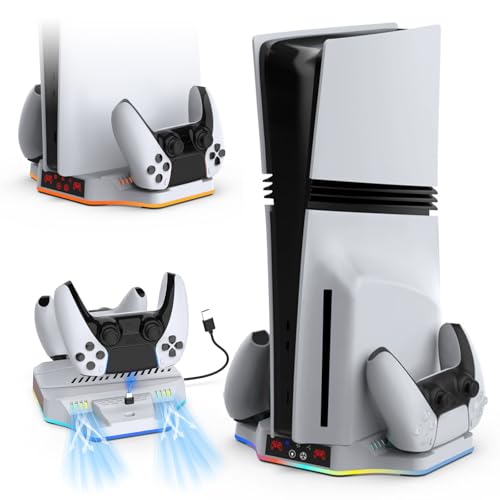 PS5 Pro/PS5 Slim Ständer mit PS5 Controller Ladestation, PS5 Vertikale Ständer mit 3 Stufig Lüfter Kühlventilator Ladestation mit 2 Gleichzeitiges Laden von drei Geräten, Zubehör für PS5 Pro/PS5 Slim