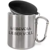 Prozente Momente Lieber voll | Edelstahl-Trinkbecher mit Karabinerhaken und Deckel | Geschenkidee | 330 ml | Becher | Camping | Vereine | Silber