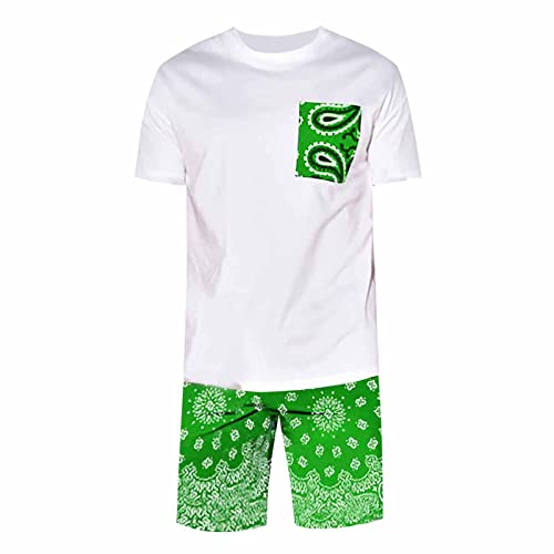 Herren Casual Cashew Blumendruck Kurzarm Shorts Zweiteilige Herren Herren Komplett Herren Hosenanzug Reißverschluss Sweatshirt Herrenbluse Tolle Sachen Männer Frauen Shirt Top (Green, L)