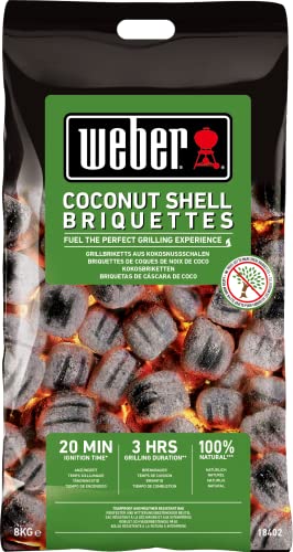 Weber Grill-Briketts aus Kokosnussschalen (8kg Sack), leistungsstark, für lange und konstante Glut, ideal für längeres Grillen des Grillguts, 100% natürlich (18402), Schwarz