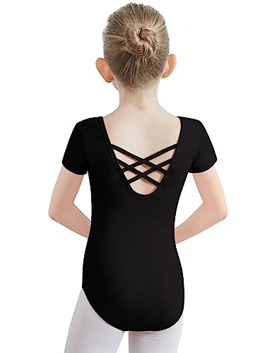 PLIKSUVER Ballettanzug Mädchen, Kinder Ballett Trikot Kurzarm Ballett Gymnastik Turnanzug Tanz-Body aus Baumwolle für Damen Kinder Schwarz Weiß Rosa(Größe 110-170)