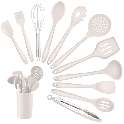 Homikit Küchenhelfer Set, 12 Stück Silikon Küchenutensilien, Hitzebeständiger Khaki Kochutensilien Kochbesteck mit Utensilienhalter, Gesund & Antihaft