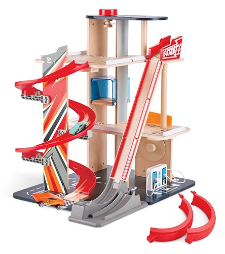 Hape Stunt-Fahrbahn mit Ladestation | Parkaus und Garagen-Spielset mit 3 Ebenen und Looping inklusive Zwei Rennwagen, ab 3 Jahren