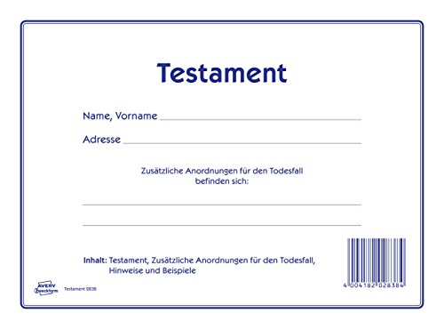 AVERY Zweckform 2838 Testament Vordruck-Set (220x163mm, 1 Testament und zusätzliche Anordnungen für den Todesfall, viele Hinweise und leicht verständliche Beispiele, von Rechtsexperten geprüft)