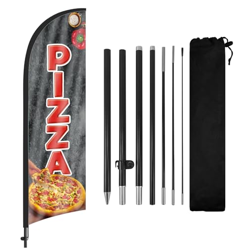 FSFLAG Pizza-Federflagge mit Fahnenmast-Set und Erdspieß, 2,5 m, windlose Pizza-Flagge, Banner, Schild, Geschäft für Außenwerbung