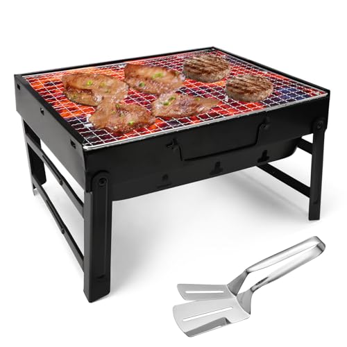 BBQ Barbecue Grill, Klappgrill, Holzkohlegrill Klein mit 1 Grillzange, 35 x 27 x 7 cm Tischgrill Tragbarer Reisegrill Outdoor Picknick Campinggrill für Picknick, Garten, Terrasse, Camping, Reisen