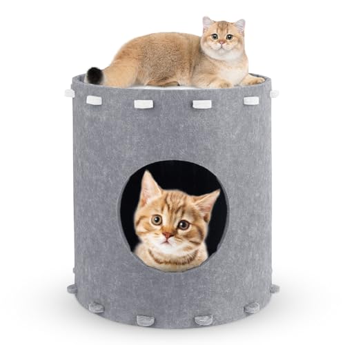 Katzenhöhle aus hochwertigem Filz, stabiles Katzenhaus Indoor & Outdoor, 2-stöckiges Katzenbett, kuscheliger Schlafplatz, Spiel- und Versteckhöhle für Katzen, Katzenkorb, Katzentunnel 41x41x42 cm Grau