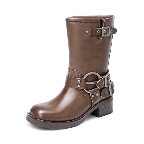 DREAM PAIRS Damen Wadenhohe Stiefel Motorradstiefel mit quadratischer Zehenpartie und Schnallen Bikerstiefel mit niedrigem klobigem Absatz,Size 38,Bräunen,SDMB2405W