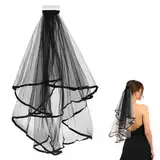 Schwarzer Schleier Halloween Schleier Braut, Brautschleier Lang Schwarz Schleier Bridal Tüll Spitze Hexe Cosplay mit Kamm 60–80 cm für Junggesellinnenabschied Traumhochzeit Hochzeit Zubehör Schleier