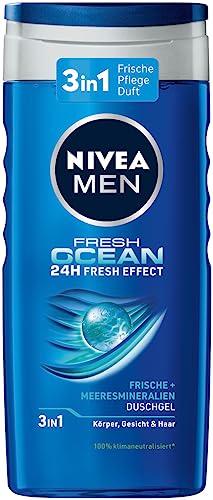 NIVEA MEN Fresh Ocean Duschgel (250 ml), revitalisierende Pflegedusche mit ozeanfrischem Duft, Männer Duschgel mit Meeresmineralien für Körper, Gesicht und Haar