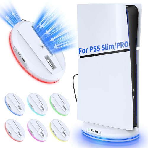 FASTSNAIL Standfuß mit Lüfter für PS5 Slim/Pro Konsole, LED Ständer kompatibel mit Playstation5 Slim/Pro Digital/Disc Edition，Zubehör für PS5 Slim/Pro