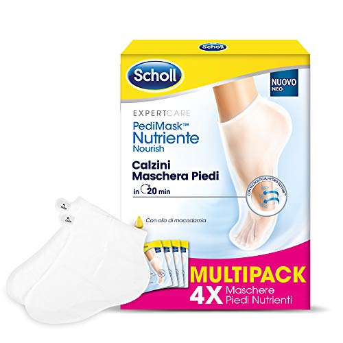 Scholl Pedimask Pflege mit Macadamia-Öl, feuchtigkeitsspendende und regenerierende Fußmaske, 4 Paar feuchtigkeitsspendende Socken für glatte und weiche Füße, Einlegdauer: 20 Minuten