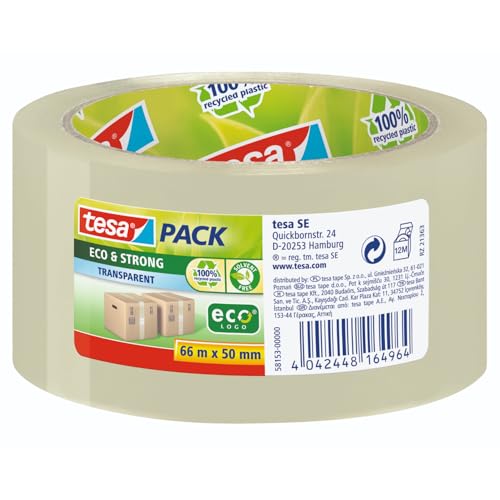 tesapack Eco & Strong - Umweltschonendes Paketband aus 100% recyceltem Kunststoff, UV- und alterungsbeständig - Transparent - 66 m x 50 mm