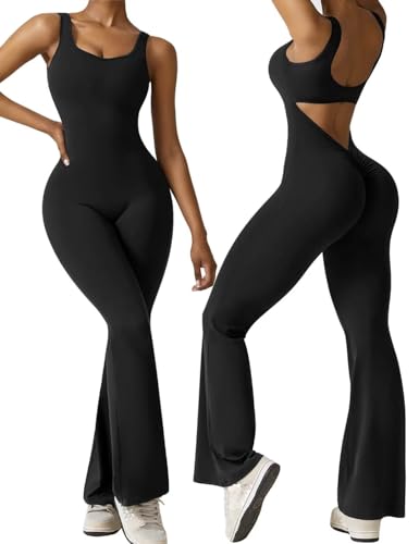 Vertvie Damen Jumpsuit Flared Eng Scrunch Butt Bodysuit Lang Yoga Ärmellos Overall Sport Rückenfrei Einteiler Bootcut Onepiece Ganzkörperanzug Sexy Playsuits Gym Workout Bodycon,Schwarz,M