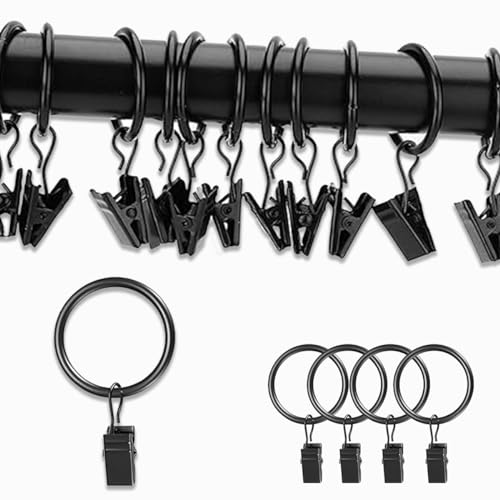 Plstod Gardinenringe 30 Stück Vorhangringe Gardinenringe mit Clips Gardinenhaken für Ringe Klammern Metall Vorhang Clips 32 mm Innendurchmesser für Tür Fenster Duschvorhang (Schwarz)