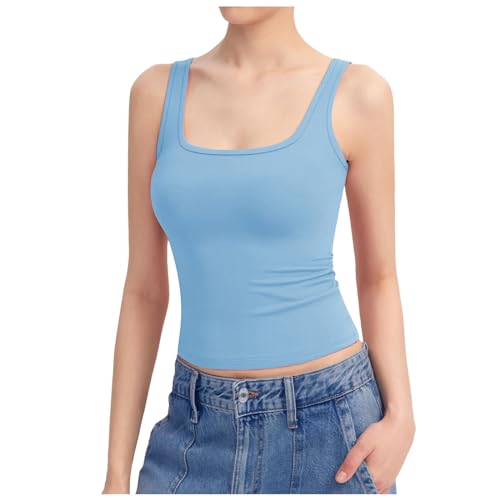 2024 Damen Square Neck Tank Top Ärmellos Doppelt Gefüttert Basic Tops Sharp Collection Will Do It Shirt, hellblau, M