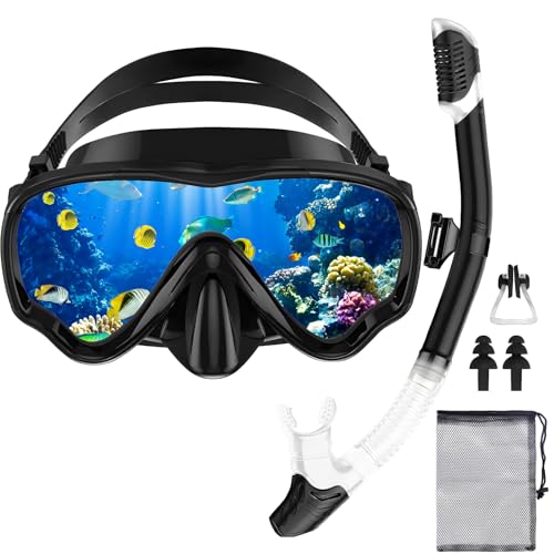 POWZOO Schnorchelset Erwachsene, Schnorcheln Set mit Taucherbrille und Dry Schnorchel, Anti-Leck Anti-Fog Tauchmaske aus Gehärtetem Glas für Schnorcheln, Schwimmen und Tauchen(Schwarz)