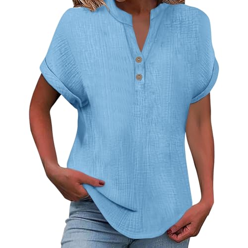 Tshirt Damen, Musselin Leinenbluse Damen 2025 Frauen Sommer Tshirt Baumwolle Leinen T-Shirt Knopf V-Ausschnitt Tunika Tops Casual Tshirts Trendy Strandkleid Bluse, himmelblau L