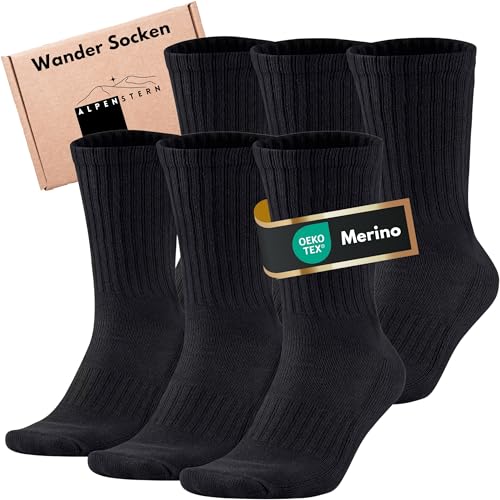 Alpenstern® Merino Wandersocken für Damen & Herren, Sommer & Winter Trekking-Socken, Wollsocken aus Merinowolle Anti-Blasen Outdoor Sport (DE/NL/SE/PL, Numerisch, 39, 42, Regular, Regular, Schwarz)