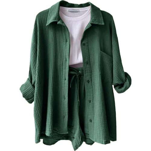 DHYUEN Trachtenbluse Damen Weiß 2 Teiler Longbluse Zweiteiler Damen Sommer Button Down Shirt Casual Blusenjacke Damenblusen Damen Set Hose Und Oberteil Leinen Shorts Loungewear(3-Dark Green,M)