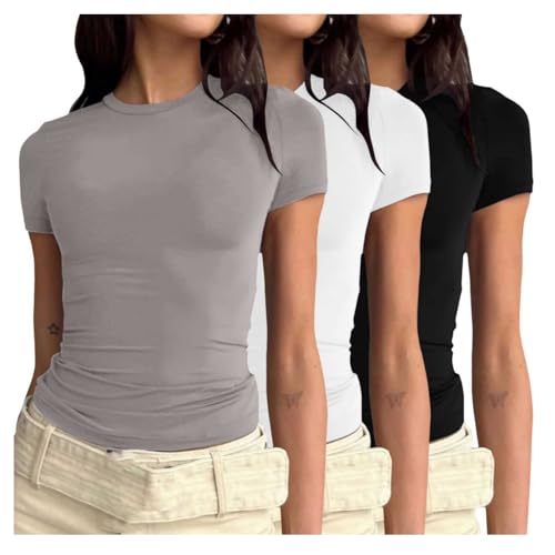 Prime-Deals-Days-Angebote Tshirt Schwarz 3er Pack Damen T-Shirt Rundhals Kurzarm Eng Basic Y2k Crop Tops Sommer Oberteile Einfarbig Shirt Weiss Damen Gym Basic Tops Slim Fit Elegant Tee Shirts